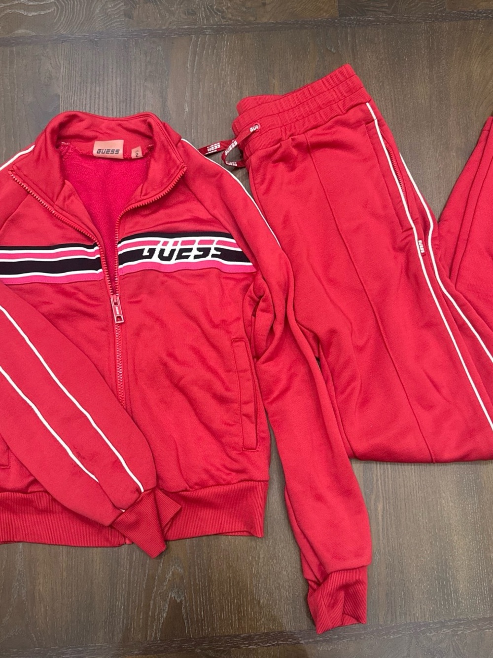 GUESS Red Track Jacket and Pants with Black & White Stripes